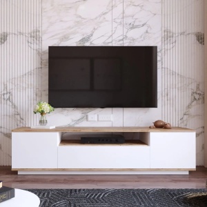 Hanah Home comoda TV living 180x44.6x44.5 cm, PAL 18mm, rafturi si compartimente, concept modern, pin atlantic si alb - Verificat A · Re-Bloom - Img 2