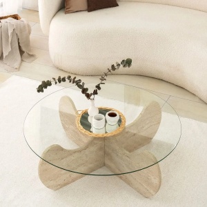 Hanah Home masa de cafea rotunda 90x30 cm, blat sticla, baza PAL melaminat, travertin - Verificat A · Re-Bloom - Img 3
