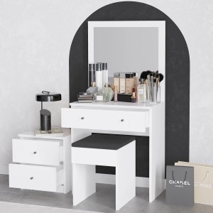 Hanah Home masa de machiaj 65x35x139 cm, PAL 18mm, oglinda inclusa, scaun inclus, fixabil perete, alb - Verificat A · Re-Bloom - Img 2