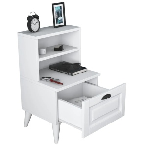Hanah Home noptiera de dormitor 45x40x74.4 cm, PAL 18mm, sertar cu membrana, rafturi de depozitare, picioare de 15cm, alb - Verificat A · Re-Bloom - Img 3