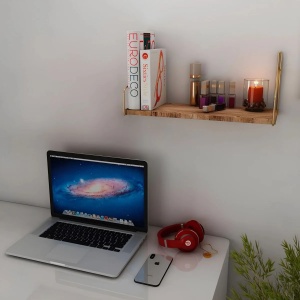 Hanah Home raft de perete, lemn masiv 100% + suporturi metalice, 45x16x16 cm, capacitate 3kg, auriu/maro - Verificat A · Re-Bloom - Img 3