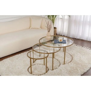 Hanah Home set 3 masute de cafea, sticla securizata 4mm, cadru metal auriu, 80x80x45 cm + 60x60x39 cm + 42x42x35 cm, auriu si transparent - Verificat A · Re-Bloom - Img 2