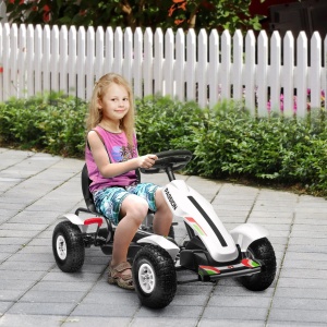 Kart cu pedale pentru copii, PP/metal, 121x58x61 cm, scaun reglabil 35x28x30.5cm, roti cauciuc Φ26cm, capacitate 50kg, certificat EN71, varsta 3+/recomandat 5-12 ani, alb/negru - Verificat A · Re-Bloom - Img 2