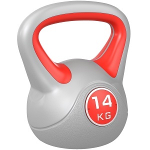 Kettlebell 14 kg, bila Ø18 cm, maner lat neted PU, baza plana anti-alunecare, umplutura nisip, gri/rosu - Verificat A · Re-Bloom