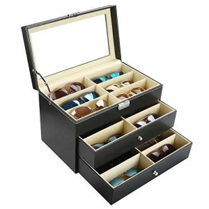 Kurtzy organizator ochelari 18 compartimente, piele ecologica, 33.5x19x22.3cm, 2 sertare x6 + 6 compartimente capac sticla, inchidere clapa, negru/crem - Verificat A · Re-Bloom