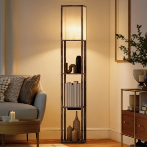 Lampadar 2in1 cu rafturi, USB-A/C, lumina reglabila, intrerupator pedala, MDF, Maro/Alb - Verificat A · Re-Bloom - Img 2