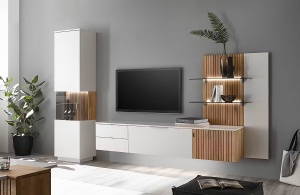 Lazori raft perete LED 82x133x28 cm, 2 rafturi sticla, panou stejar masiv uleiat, suport MDF lacuit, alb/stejar bianco - Verificat A · Re-Bloom - Img 2