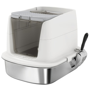 Litiera pentru pisici Re-Bloom, cu 2 intrari, lopatica si deodorant, inox/ABS/polipropilena, alb/argintiu, 52,4 x 41,3 x 39,8 cm, Resigilat, Grad A