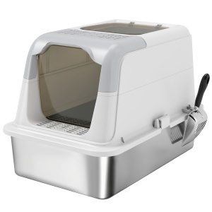 Litiera pisici 2 intrari 60.4x40.4x41.8 cm, tava inox 201, intrare frontala + iesire superioara, zona captare nisip, alb/gri - Verificat A · Re-Bloom