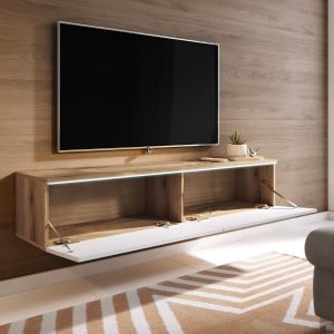 Minnas comoda TV LED 140x30x33 cm, 2 usi cu balamale, PAL alb lucios/stejar Wotan, iluminat integrat - Verificat A · Re-Bloom - Img 4