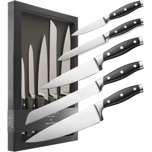 Orient Origin Series set 5 cutite de bucatarie, otel inoxidabil german X50 Ultra+, lama full tang, duritate Rockwell 56, maner ABS Ergo-Sure, negru - Verificat A · Re-Bloom