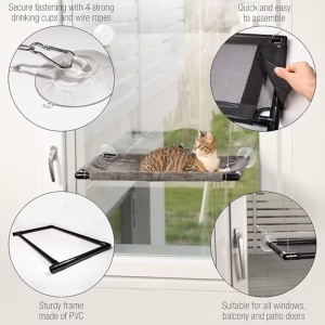 Pat suspendat pentru pisici, Amazy, cu prindere pe geam, tip hamac, Amazy, montaj cu ventuze, 60x35 cm, Resigilat, Grad A - Img 3