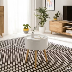 Perzee masuta laterala rotunda 38x49 cm, blat detasabil spatiu depozitare, MDF lacuit, picioare pin masiv, alb/pin - Verificat A · Re-Bloom - Img 2