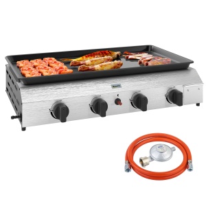 Plita de gratar pe gaz cu 4 arzatoare, otel inoxidabil/metal, 77x44.5x19 cm, suprafata gatit 73x34cm, 4x2.4kW/8000BTU, placa 3mm, propan, tava grasime, regulator + duza incluse, argintiu/negru - Verificat A · Re-Bloom