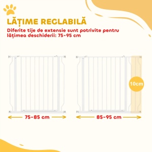 Poarta pentru caini cu latime reglabila 75-95cm, otel/ABS, 76cm inaltime, dublă blocare, kit extensie 10cm inclus, alb - Verificat A · Re-Bloom - Img 6