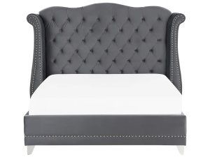 Produs Resigilat Pat matrimonial Re-Bloom Ayette, 160x200 cm, catifea/eucalipt/fier/pin/placaj, somiera 30 lamele arc, tablie 205x154 cm, 220 kg, gri - Verificat A - Img 3