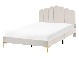 Produs Resigilat Pat Re-Bloom Sauvian, 120x200 cm, catifea/placaj/fier, somiera 12 lamele, tablie 125x110 cm, 200 kg, bej/auriu - Verificat A