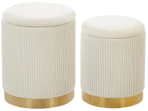 Produs Resigilat Set 2 tabureti Re-Bloom Miramar, catifea cu capitonaj vertical, spatiu depozitare, 35x35x44 si 31x31x39 cm, alb/auriu - Verificat A