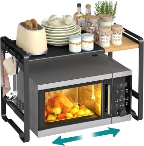 Raft extensibil pentru cuptorul cu microunde Songmics, otel/bambus, negru/natur, 31,5 x 42 x 41,5-64 cm, Resigilat, Grad A