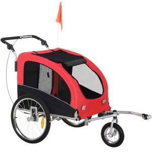 Remorca de bicicleta 2in1 carucior pentru animale, otel/poliester Oxford impermeabil/PU, 155x83x108 cm, spatiu interior 77x60x56 cm, roti spate 51cm + fata 25cm pivotanta 360°, capacitate 30kg, potrivita caini pana la 20kg/53cm, rosu/negru - Verificat A ·