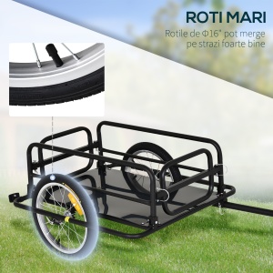 Remorca pentru bicicleta cu pereti pliabili, otel/PE 2mm, 139x71.5x49 cm, suprafata incarcare 71x42x25 cm, roti 16", carlig + 4 reflectoare, capacitate 40kg, 11kg, negru - Verificat A · Re-Bloom - Img 4