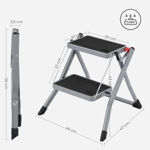 Scara pliabila cu 2 trepte Songmics, otel, gri/negru, 49 x 47 x 43 cm, Resigilat, Grad A - Img 3
