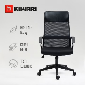 Scaun birou Kiwari® Nad, spatar inalt, suport lombar, brate fixe, sezut cu spuma si mesh, mecanism fluture, baza nylon, roti PU, cadru metalic, suprafata PU&Mesh, Negru, Resigilat, Grad A - Img 4