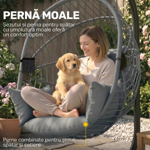 Scaun suspendat de exterior tip ou cu perna, otel/poliester/spuma/franghe PP, 115x106x188 cm, cos 90x62x114 cm, sezut 74x56cm/inaltime 43cm, capacitate 120kg, gri - Verificat A · Re-Bloom - Img 4