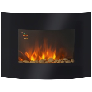 Semineu electric perete 65x11.4x52 cm, 900-1800W, flacara LED 7 culori, telecomanda, metal/sticla securizata, negru - Verificat A · Re-Bloom