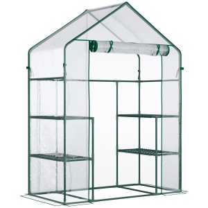 Sera impermeabila anti-UV 142x73x195 cm, rafturi ghivece 10 kg, usa rulou fermoar, cadru otel pulbere, verde/transparent - Verificat A · Re-Bloom