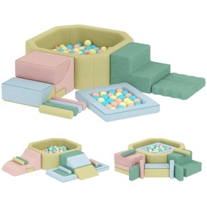 Set 15 blocuri de constructie si 200 mingi pentru copii Re-Bloom, catifea/spuma, multicolor, Resigilat, Grad A