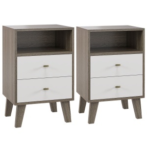 Set 2 noptiere dormitor 40x34x64 cm, 2 sertare + compartiment, sina metalica, MDF, gri/alb/auriu - Verificat A · Re-Bloom