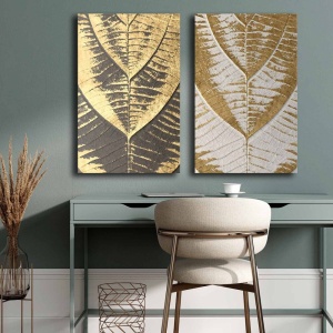 Set 2 tablouri decorative canvas, 2x45x70 cm, dimensiune totala 95x70 cm, panza 100% 2.8mm, cadru lemn pin 100%, gri/auriu - Verificat A · Re-Bloom
