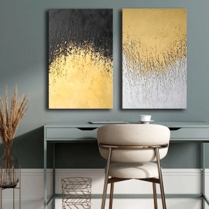 Set 2 tablouri decorative canvas, 2x45x70 cm, panza 100% 2.8mm, cadru lemn pin 100%, dimensiune totala 95x70 cm, alb/auriu/negru - Verificat A · Re-Bloom