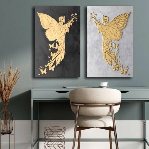 Set 2 tablouri decorative Re-Bloom, model ingeri, lemn masiv/panza, gri/negru/auriu, 45 x 70 cm