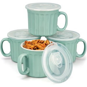 Set 4 boluri ceramice, cu maner si capac, 400 ml, rezistente la microunde, Turcoaz, Resigilat, Grad A
