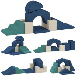 Set 7 blocuri moi de constructie pentru copii Re-Bloom, catifea/spuma PU, albastru inchis/verde/bej, Resigilat, Grad A