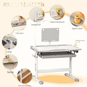 Set birou si scaun pentru copii Re-Bloom, reglabile, LED, MDF/otel/polipropilena, gri, Resigilat, Grad A - Img 6