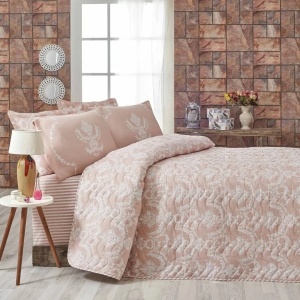 Set cuvertura matlasata + fata de perna, 65% bumbac/35% poliester, 160x220 cm + 50x70 cm, umplutura fibre siliconice 90g/m², 270g/m², roz/alb - Verificat A · Re-Bloom