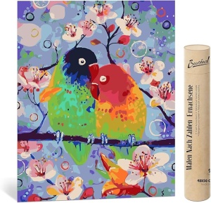 Set de pictura cu numere Bougimal, vopsea acrilica, model Pasari si Flori, multicolor, 40 x 50 cm