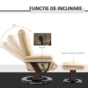 Set fotoliu relax rotativ 360° reclinabil + pouf, piele PU, tetiera, Bej - Verificat A · Re-Bloom - Img 4