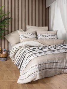 Set husa pilota + cearsaf + fata de perna, bumbac 100%, 160x220 cm + 160x240 cm + 50x70 cm, bej/alb/negru - Verificat A · Re-Bloom
