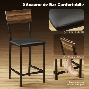 Set masa de bar cu 3 rafturi si 2 scaune Re-Bloom, otel/MDF/piele PU/spuma, masa 90x50x90.5 cm + 2 scaune 40x46x97 cm, suport picioare, 80/130 kg, nuc/negru - Verificat A · Re-Bloom - Img 5