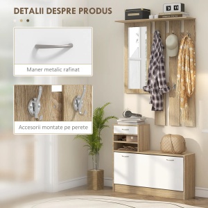 Set mobilier hol Re-Bloom, PAL, cuier 90x10x91 cm + raft pantofi 90x24x75 cm + oglinda 25x70 cm + 2 rafturi reglabile, 10/30 kg, alb/stejar - Verificat A · Re-Bloom - Img 5