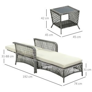 Set sezlong rattan PE cu masuta de cafea, otel/rattan PE/poliester, sezlong 74x192x31-88cm + masuta 45x45x42cm, spatar 5 niveluri, 2 roti, blat sticla calita, perna cu husa lavabila, capacitate 160kg, gri/crem - Verificat A · Re-Bloom - Img 5