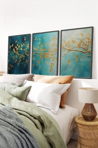 Set tablouri decorative Re-Bloom, 3 piese, MDF/lemn masiv, albastru/auriu, 50 x 70 cm - Img 2