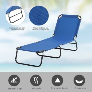 Sezlong de gradina cu spatar reglabil in 5 pozitii, otel/tesatura Oxford, 188x56x28 cm pliat 70x57x13 cm, inaltime spatar 28-84 cm, capacitate 120kg, albastru - Verificat A · Re-Bloom - Img 5