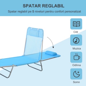 Sezlong pliabil cu spatar reglabil si perna, otel/plasa, 182x56x28 cm pliat 67x57x8 cm, 6 pozitii 90-180°, capacitate 120kg, albastru/argintiu - Verificat A · Re-Bloom - Img 6