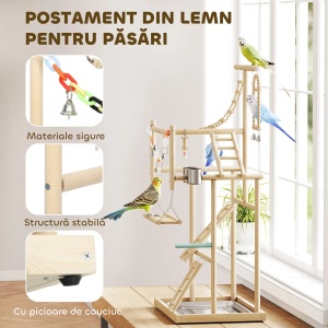 Suport de joaca pentru papagali, lemn de pin/otel inoxidabil, 48x38x95 cm, tava detasabila, scari, boluri, leagan, stinghii, pentru perusi/nimfe/conuri, lemn natural - Verificat A · Re-Bloom - Img 6