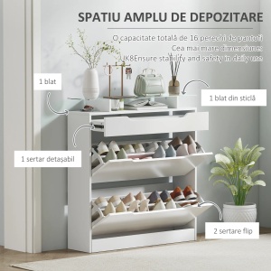 Suport pantofi modern 16 perechi, 2 sertare, raft sticla, PAL, 89x23x96cm, Alb lucios - Verificat A · Re-Bloom - Img 4